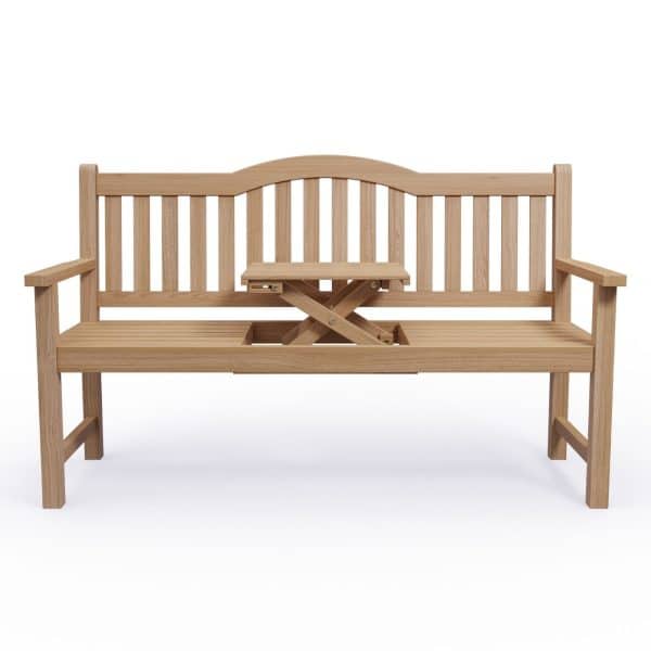 3-personers havebænk i teaktræ med fold-ud bord i midten.