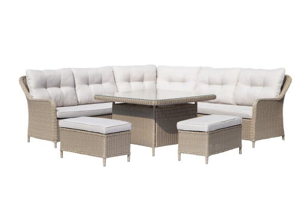 Pau hjørnesofasæt i polyrattan med spisebord og 2 ottomaner – stilrent og funktionelt loungesæt til haven