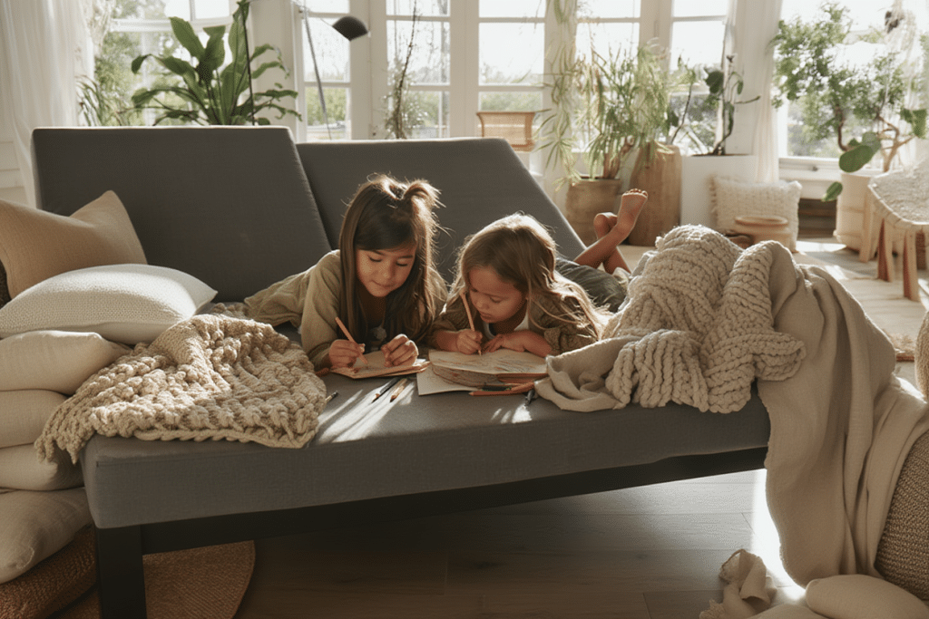 to børn der tegner på en dobbelt solseng omringet af puder og tæpper