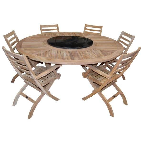 Rørvig Havesæt i teak Ø180 cm med drejeskive + 6 stole