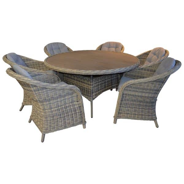 New Sofia Havesæt - Bord Ø150cm, 6 lounge stole og 6 hyndesæt - Brun