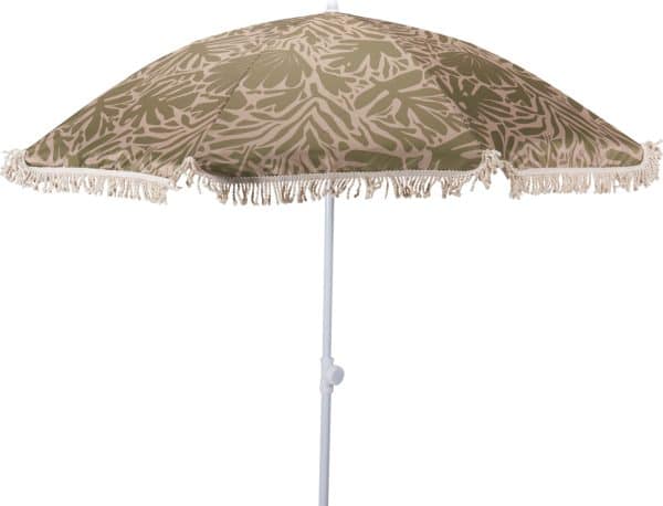 Strandparasol UV30+ med tilt og frynser med motiv